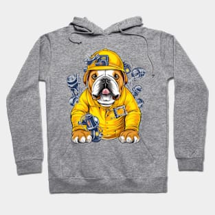 A humorous Electrician English Bulldog t-shirt design featuring a cheerful bulldog wearing a yellow hard Hoodie